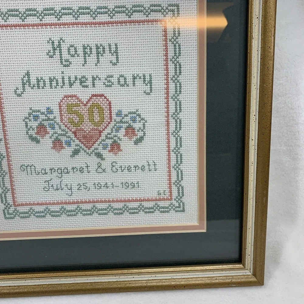 Vtg Framed Completed Cross Stitch 50th Happy Anniversary Floral Heart 12